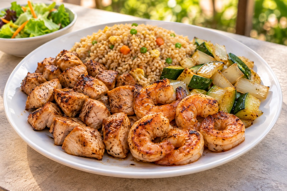 AI illustration of a hibachi meal with chicken, shrimp, fried rice and vegetables