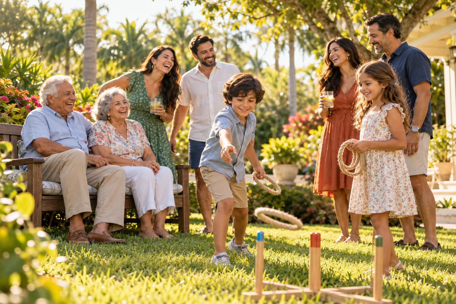 A multigenerational family enjoying time together on a backyard lawn