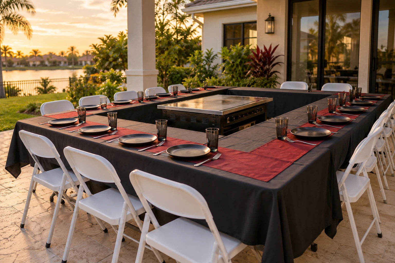 AI illustration of outdoor tables and chairs prepared for a private hibachi dinner